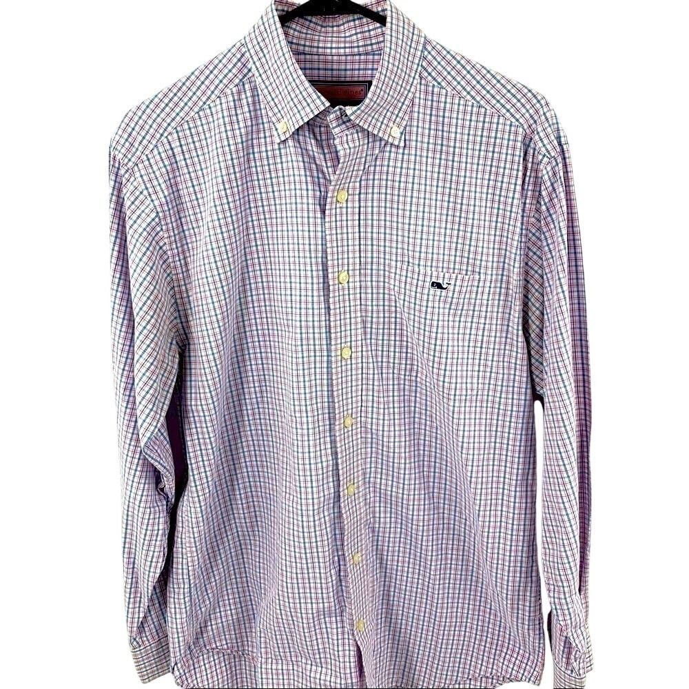 Vineyard Vines Mens Tucker Shirt Small Pink Blue Plaid Long Sleeve Button Down